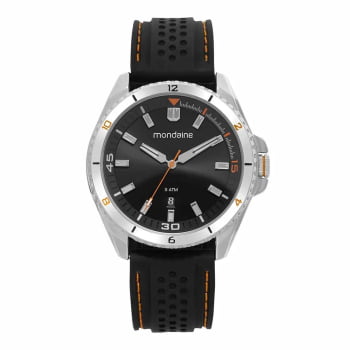 Relógio Mondaine Masculino Prateado Visor Preto com Detalhes Laranja Calendário e Taquímetro Pulseira em Silicone Á Prova D'água 32617G0MVNI2