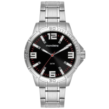 Relógio Mondaine Masculino Prateado Visor Preto com Marcadores Grandes e Taquímetro Á Prova d'água  99745G0MVNE1