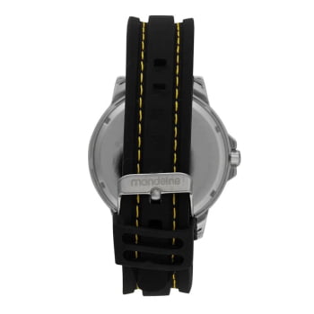 Relógio Mondaine Masculino Prateado Visor Preto com Numeração completa Pulseira em Silicone Preta Á Prova d'água 99698G0MVNI3