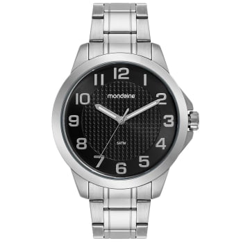 Relógio Mondaine Masculino Prateado Visor Preto com Numeração Completa visor Texturizado Á Prova d'água 99769G0MVNE1
