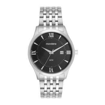 Relógio Mondaine Masculino Prateado Visor Preto com Números Romanos e calendário Á Prova D'água 99806G0MVNE4