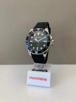 Relógio Mondaine Masculino Prateado Visor Preto com Taquímetro Pulseira em Silicone á Prova d'água 32902G0MVNI1