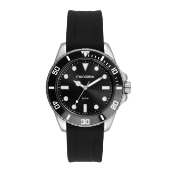 Relógio Mondaine Masculino Prateado Visor Preto com Taquímetro Pulseira em Silicone á Prova d'água 32902G0MVNI1