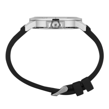 Relógio Mondaine Masculino Prateado Visor Preto Com Taquímetro Pulseira em Silicone Preta Á Prova d'água 99828G0MVNI3