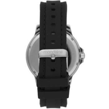 Relógio Mondaine Masculino Prateado Visor Preto Com Taquímetro Pulseira em Silicone Preta Á Prova d'água 99828G0MVNI3