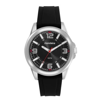 Relógio Mondaine Masculino Prateado Visor Preto Pulseira em Silicone Preta Á Prova d'água 83521G0MVNI3