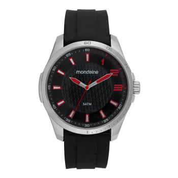 Relógio Mondaine Masculino Prateado Visor Preto Texturizado Pulseira em Silicone á Prova D'água 32644G0MVNI1