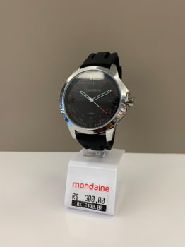Relógio Mondaine Masculino Prateado Visor Preto Texturizado Pulseira em Silicone á Prova D'água 99682G0MVNI1