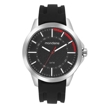 Relógio Mondaine Masculino Prateado Visor Preto Texturizado Pulseira em Silicone á Prova D'água 99684G0MVNI1