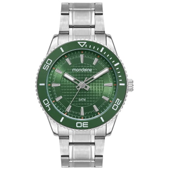 Relógio Mondaine Masculino Prateado Visor Verde Taquímetro Á Prova d'água 33026G0MVNE4