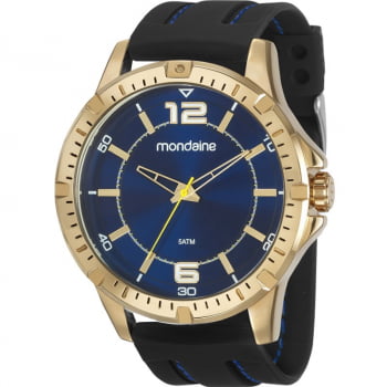 Relógio Mondaine Masculino Dourado Visor Azul com Pulseira em Silicone Á Prova d'água 99374GPMVDI2