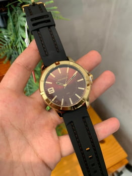 Relógio Mondaine Masculino Dourado Visor Marrom com Pulseira em Silicone Á Prova d'água 99376GPMVDI2