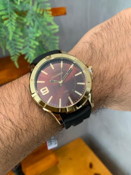 Relógio Mondaine Masculino Dourado Visor Marrom com Pulseira em Silicone Á Prova d'água 99376GPMVDI2