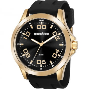 Relógio Mondaine Masculino Dourado com Pulseira em Silicone e Visor Preto Á Prova d'água 99432GPMVDI3