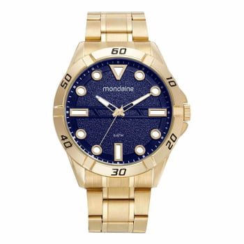 Relógio Mondaine Masculino Dourado Visor Azul Texturizado 3D Á Prova d'água 32558GPMVDE2