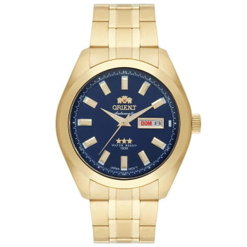 Relógio Orient Automático Masculino Dourado Visor Azul com Calendário Maquinário Japonês Aço Inoxidável Á Prova d'água 469GP075F D1KX