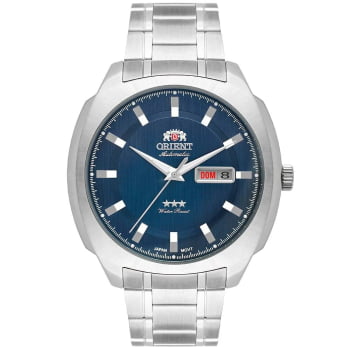 Relógio Orient Automático Masculino Prata Visor Azul com Calendário Duplo Maquinário Japonês Aço Inoxidável Á Prova d'água F49SS022
