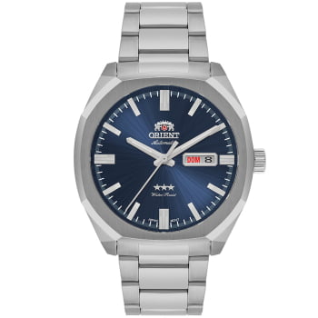 Relógio Orient Automático Masculino Prateado Visor Azul com Calendário Duplo Aço inox Á Prova D'água NH3SS008