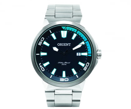 Relógio Orient Masculino Prateado Visor Preto com Azul e Calendário Maquinário Japonês Aço Inoxidável Á Prova d'água MBSS1196A