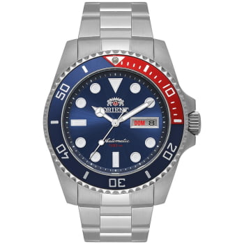 Relógio Orient Masculino Automático Prateado Visor Azul com Calendário Duplo Aro Rotativo Unidirecional Aço inox Á Prova D'água F49SS026