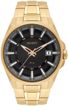 Relógio Orient Masculino Dourado Caléndario Visor Preto Aço Inoxidável á Prova D'água MGSS1143