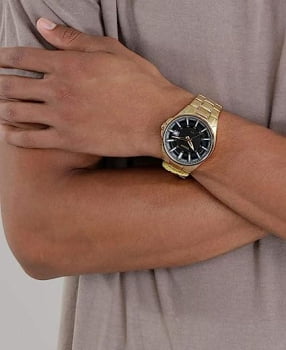 Relógio Orient Masculino Dourado Caléndario Visor Preto Aço Inoxidável á Prova D'água MGSS1143