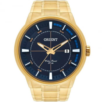 Relógio Orient Masculino Dourado com Calendário Visor Azul Marinho Texturizado Maquinário Japonês Aço Inoxidável Á Prova d'água MGSS1137
