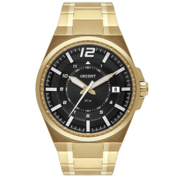 Relógio Orient Masculino Dourado com Calendário e Visor Preto Texturizado Maquinário Japonês Aço Inoxidável Á Prova d'água MGSS1224