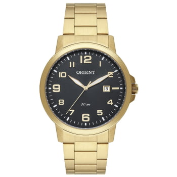 Relógio Orient Masculino Dourado Com Calendário Visor Preto Maquinário Japonês Aço Inoxidável Á Prova d'água MGSS1192 