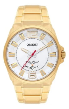 Relógio Orient Masculino Dourado com Visor Branco possui calendário Aço Inoxidável á Prova D'água MGSS1157