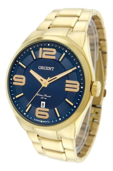 Relógio Orient Masculino Dourado Visor Azul com Calendário Maquinário Japonês Aço Inoxidável Á Prova d'água MGSS1136