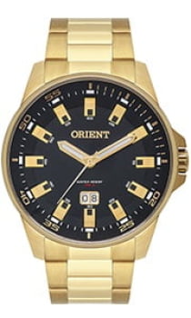 Relógio Orient Masculino Dourado Visor Preto com Calendário Maquinário Japonês Aço Inoxidável Á Prova d'água MGSS1218