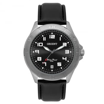 Relógio Orient Masculino Prata com Calendário Aço inox Pulseira em Couro Á Prova d'água MBSC1032