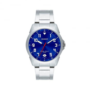 Relógio Orient Masculino Prateado com Calendário Visor Azul Marinho Maquinário Japonês Aço Inoxidável Á Prova d'água MBSS1154A_