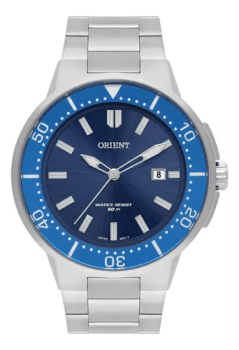 Relógio Orient Masculino Prateado com Calendário e Taquímetro Visor Azul Marinho Maquinário Japonês Aço Inoxidável Á Prova d'água MBSS1465