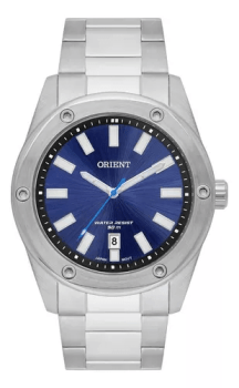 Relógio Orient Masculino Prateado Visor Azul Marinho com Calendário Maquinário Japonês Aço Inoxidável Á Prova d'água MBSS1464