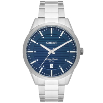 Relógio Orient Masculino Prateado com Calendário Visor Azul Texturizado Minimalista Maquinário Japonês Aço Inoxidável Á Prova d'água MBSS1422 