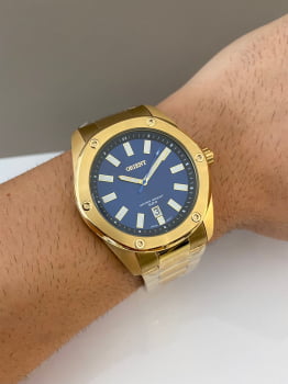 Relógio Orient Masculino Dourado com Calendário Visor Azul Maquinário Japonês Aço Inoxidável Á Prova d'água MGSS1265