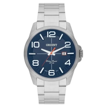 Relógio Orient Masculino Prateado Minimalista Visor Azul com Detalhe Laranja Calendário Maquinário Japonês Aço Inoxidável Á Prova d'água MBSS1289