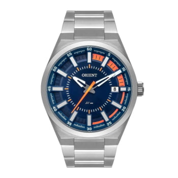 Relógio Orient Masculino Prateado Visor Azul com Calendário Maquinário Japonês Aço Inoxidável Á Prova d'água MBSS1409