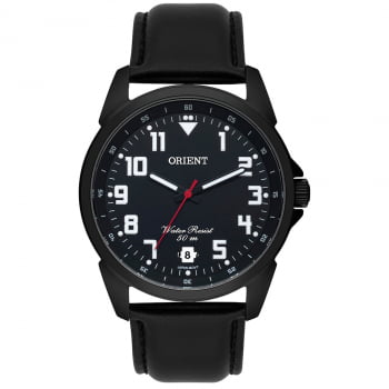 Relógio Orient Masculino Preto com Calendário Aço inox  Pulseira em Couro Á prova d´água MPSC1009