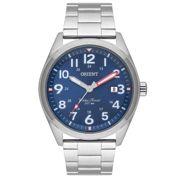 Relógio Orient Sport Masculino Prateado com Calendário e Visor Azul Todo Numerado Maquinário Japonês Aço Inoxidável Á Prova d'água MBSS1396