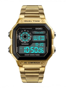 Relógio Skmei Masculino Dourado Digital Quadrado em Poliuretano 1335