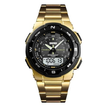 Relógio Skmei Masculino Dourado Display Duplo 1370