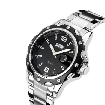 Relógio Skmei Prateado Visor Preto Calendário 0992
