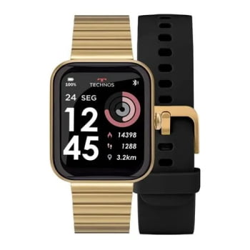 Relógio Smartwatch Technos Connect Max Digital Dourado Quadrado Troca de Pulseira Inteligente Aço Inoxidável á Prova D'água TMAXAH/7D
