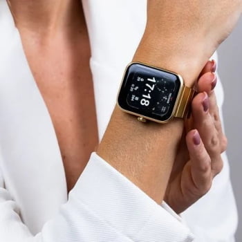 Relógio Smartwatch Technos Connect Max Digital Dourado Quadrado Troca de Pulseira Inteligente Aço Inoxidável á Prova D'água TMAXAH/7D
