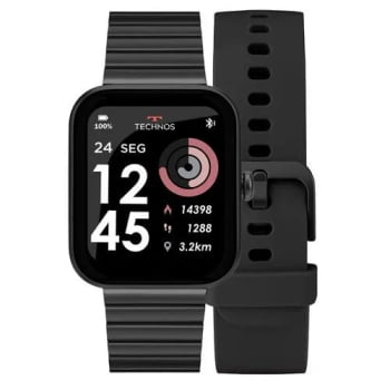 Relógio Smartwatch Technos Connect Max Digital Preto Quadrado Troca de Pulseira Inteligente Aço Inoxidável á Prova D'água TMAXAI/8P