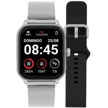 Relógio Smartwatch Technos Connect Max Pro Digital Prata Quadrado Troca de Pulseira Inteligente Aço Inoxidável á Prova D'água TMAXPAB/8K