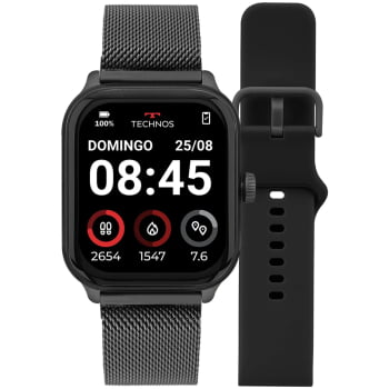 Relógio Smartwatch Technos Connect Max Pro Digital Preto Quadrado Troca de Pulseira Inteligente Aço Inoxidável á Prova D'água TMAXPAA/8P